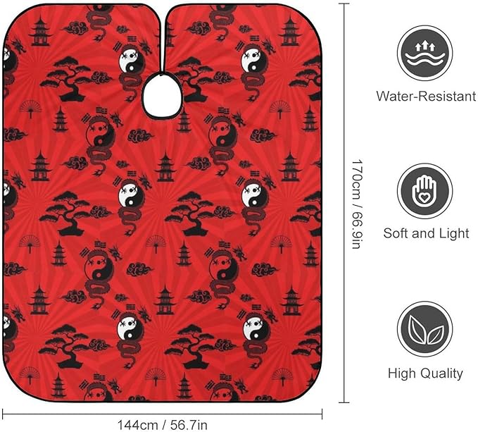 Salon Cape Yin Yang Dragon Red Hair Dress Apron Cloak, Adjustable Dyeing Salon Apron for Styling Hair Cut Hairdresser, Easy Clean