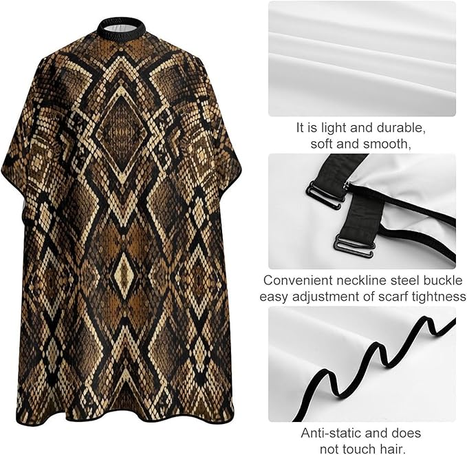 Barber Cape Cool Brown Snake Skin Hairdressing Gown Cover, Adjustable Hairdresser Apron for Hair Dye, Profession Barbershop Supplies