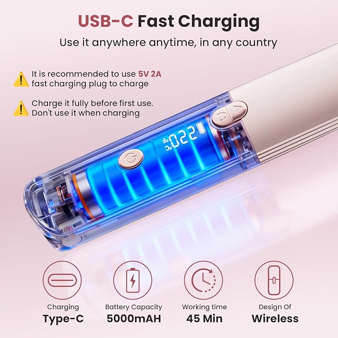 CHIKYO Cordless 2 in 1 Hair Straightener Portable On-The-Go Curling Iron, Portable Power Bank, 7 Temps, LED Display, Rechargeable Mini Flat Iron for Travel, 5000mAh Battery, Pink