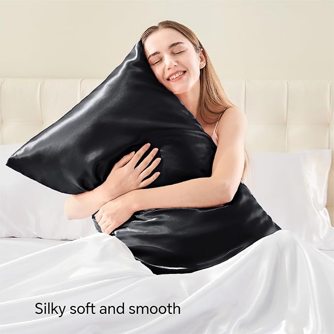 BEDELITE Satin Pillowcase with Zipper, Black Pillow Cases Queen Size Set of 2, Super Soft and Cooling Similar to Silk Pillow Cases, Gift for Women Men(20x30 Inches)