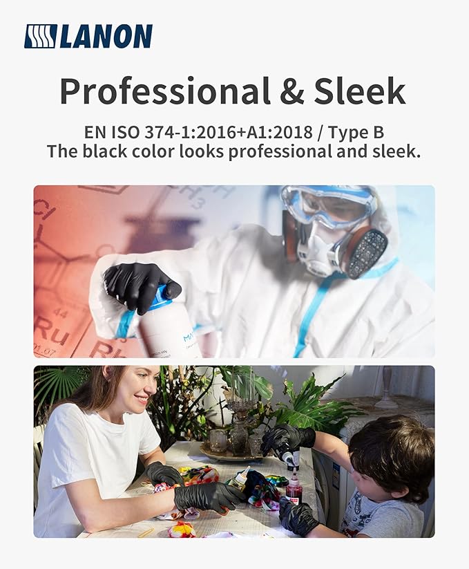 LANON 6-mil Black Nitrile Disposable Gloves, Food-Safe, Powder-Free, Heavy-Duty, Textured Fingertips, Latex-Free, Medium