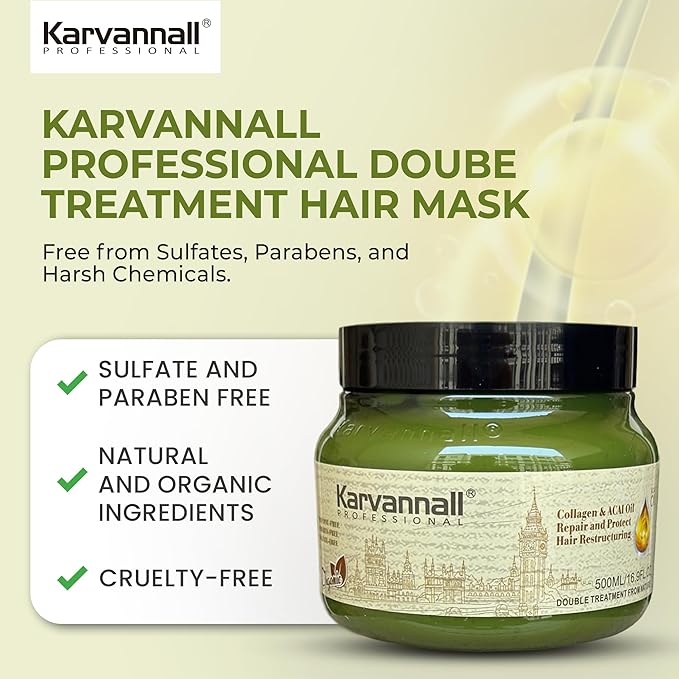 Double Treatment Collagen Hair Mask with Acai Oil, Damage Repair Hair Treatment Cream for Dry, Damaged & Color-Treated Hair, Sulfate & Paraben-Free, Suitable For All Hair Types, 16.9 fl oz / 500 ml