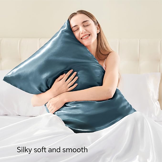 BEDELITE Satin Pillowcase with Zipper, Bluesteel King Size Pillow Cases Set of 2, Super Soft and Cooling Similar to Silk Pillow Cases, Gift for Women Men(20x40 Inches)