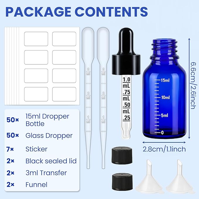 50 Pcs 1/2oz Blue Glass Dropper Bottles with Measurement, 30ml Leakproof Tincture Bottles with Funnels, Eye Droppers, Extra Caps & Labels, Refillable Empty Bottles for Tinctures, Essential Oils