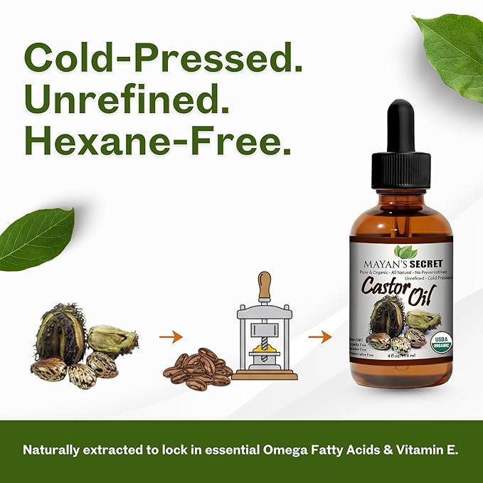 Mayan's Secret - Pure Cold-Pressed Castor Oil Organic Hexane-Free Unrefined 4 fl oz Glass Bottle – Natural Castor Oil for Hair Growth, Eyelashes, Eyebrows, Skin, Face & Body – USDA Certified