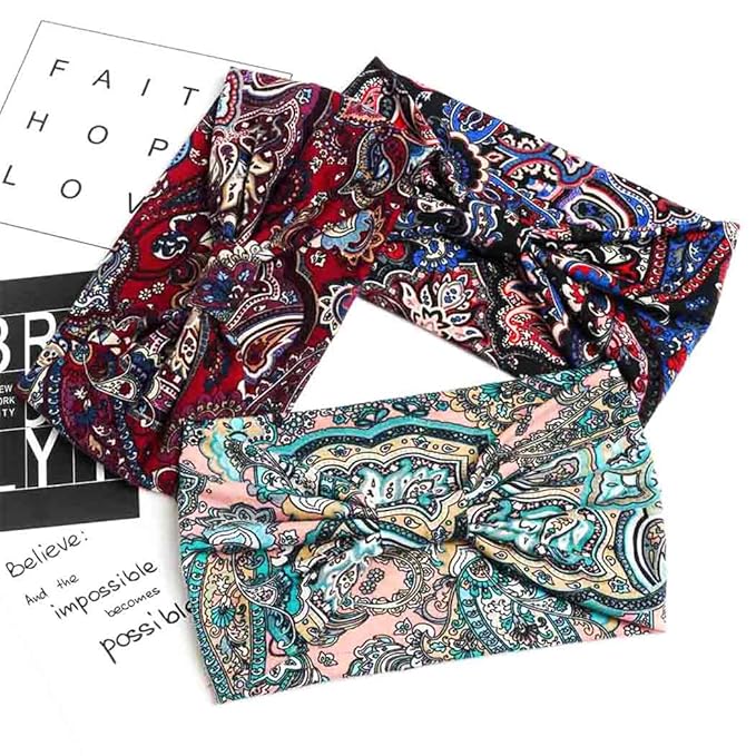 Boho Headbands Wide Knot Hair Band Elastic Turban Head Band Stretch Twist Head Wraps Fashion Hair Accessories for Women 3 Pcs (Set F)