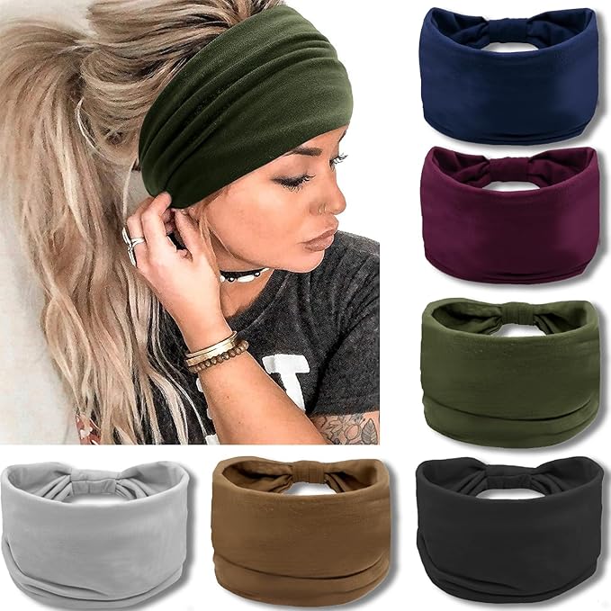 IVARYSS Wide Headbands for Women, Solid Knotted Head Wraps Turbans, Large African Style Head Bands Hair Accessories, 6 Pack