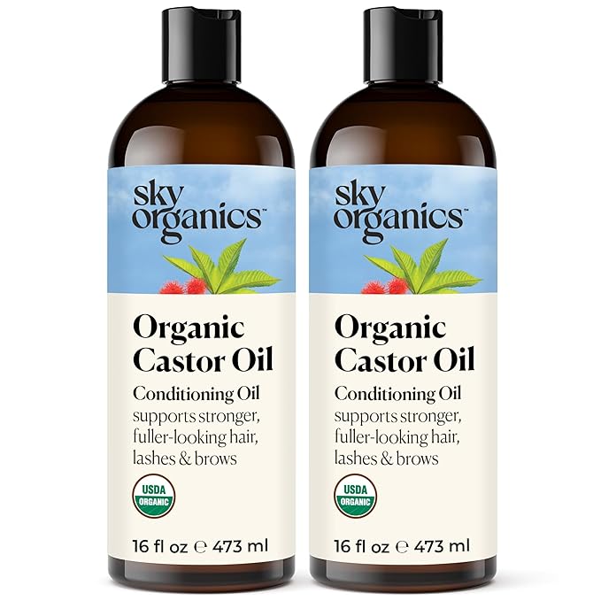 Sky Organics - Castor Oil Organic - Volumizing Hair Oil - Scalp, Lashes, Brows - Pure Castor Oil Cold Pressed - Natural Conditioner - Omega Fatty Acids, Vegan - Beauty, Hair,16oz, 2 Pack w Ebook