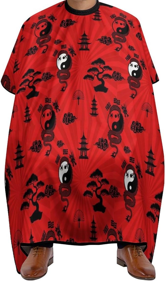 Salon Cape Yin Yang Dragon Red Hair Dress Apron Cloak, Adjustable Dyeing Salon Apron for Styling Hair Cut Hairdresser, Easy Clean