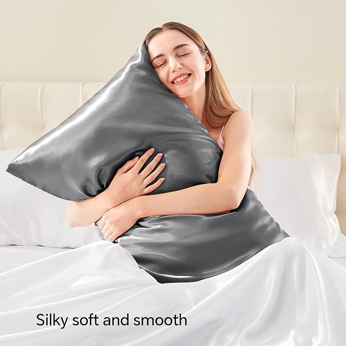 BEDELITE Satin Pillowcase with Zipper 4 Pack, Dark Grey Pillow Cases Queen Size, Super Soft and Cooling Similar to Silk Pillow Cases, Gift for Women Men(20x30 Inches)