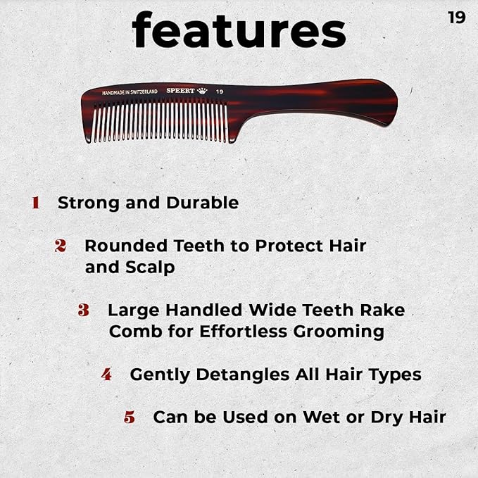 #19 Handmade Wide Tooth Rake Comb Tortoise Havana Acetate Large Handle Thick Coarse Curly Hair Detangling Parting Grooming Teasing Hair Styling Hairdresser Barber Hairdressing Wet Dry Pocket