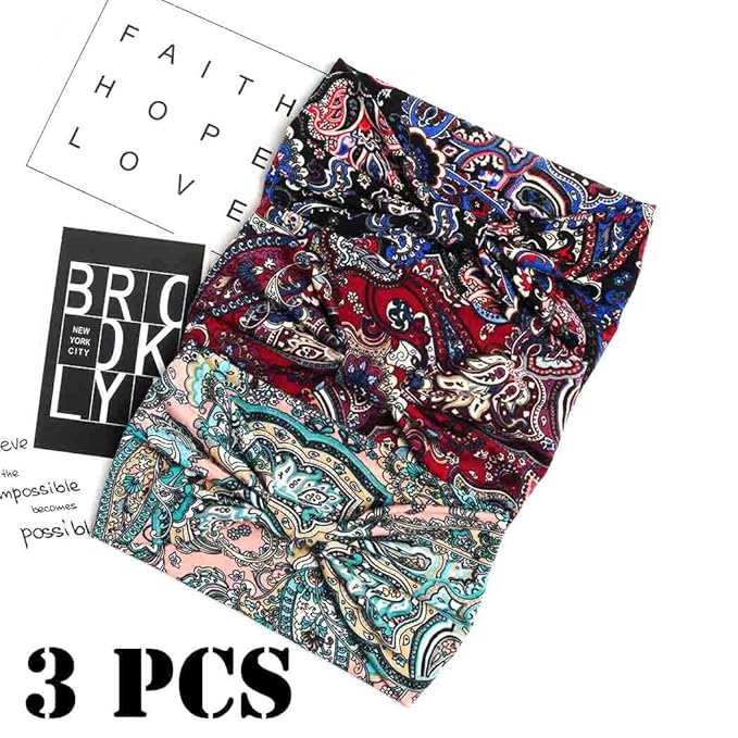 Boho Headbands Wide Knot Hair Band Elastic Turban Head Band Stretch Twist Head Wraps Fashion Hair Accessories for Women 3 Pcs (Set F)