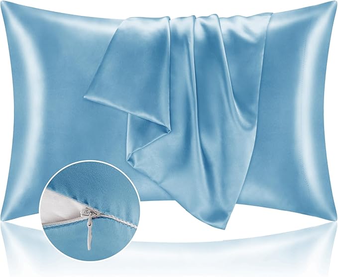 BEDELITE Satin Pillowcase with Zipper, Blue Pillow Cases Queen Size Set of 2, Super Soft and Cooling Similar to Silk Pillow Cases, Gift for Women Men(20x30 Inches)