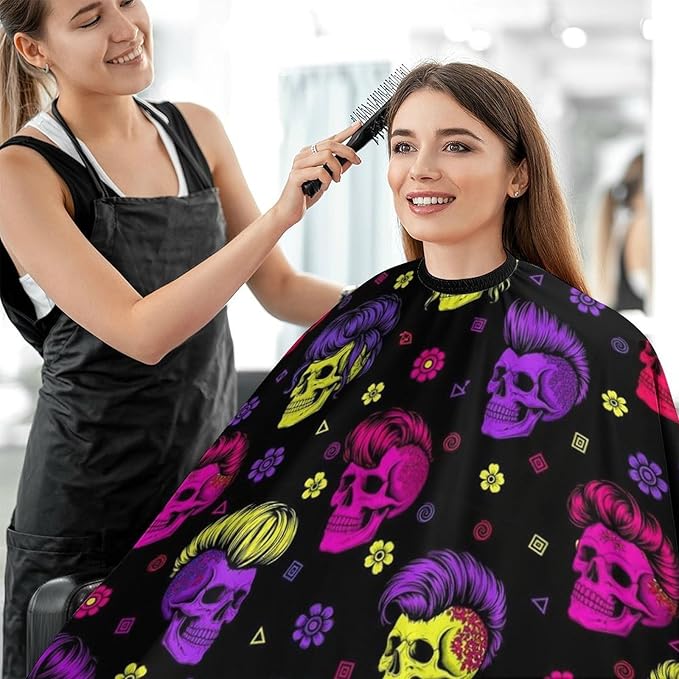 Salon Gown Cape Cool Goth Rock Skull Haircut Cloth Wrap Protector, Extra Large Hairdresser Apron for Hair Dye, Barber Aceessories