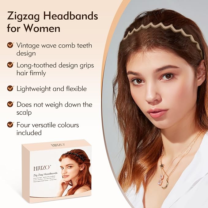 Zig Zag Headbands - 4Pcs Non Slip Comb Headband with Teeth for Women Classic Wavy Claw Headband for Men‘s Women's Hair Fashion Hair Accessories