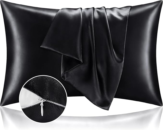 BEDELITE Satin Pillowcase with Zipper, Black Pillow Cases Queen Size Set of 2, Super Soft and Cooling Similar to Silk Pillow Cases, Gift for Women Men(20x30 Inches)