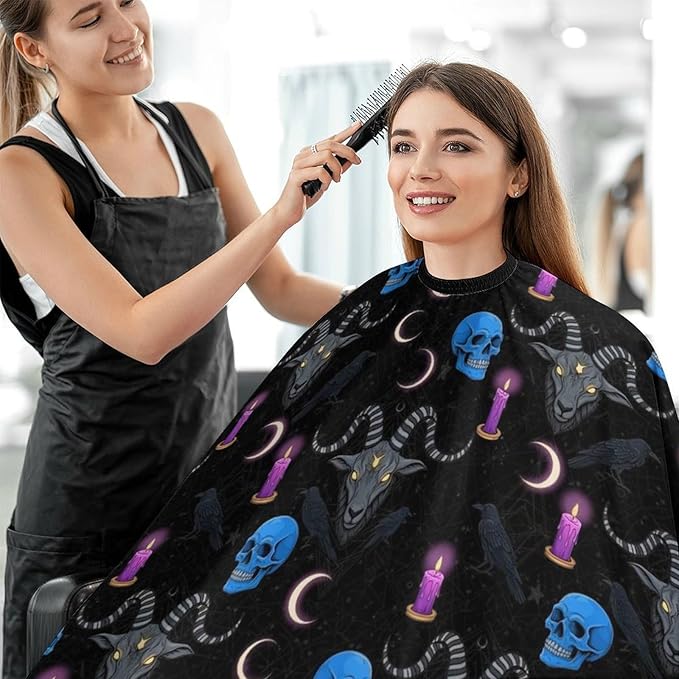 Salon Haircut Capes Goth Raven Skull Goat Haircuting Salon Cape Gown, Full Coverage Dyeing Salon Apron for Hair Cutting Styling, Easy Clean