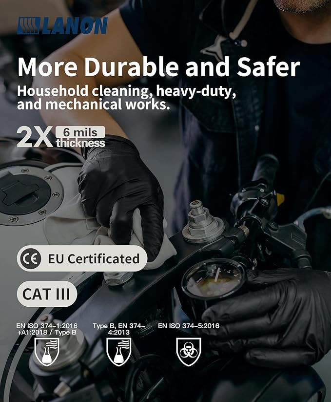 LANON 6-mil Black Nitrile Disposable Gloves, Food-Safe, Powder-Free, Heavy-Duty, Textured Fingertips, Latex-Free, Small