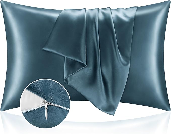 BEDELITE Satin Pillowcase with Zipper, Bluesteel King Size Pillow Cases Set of 2, Super Soft and Cooling Similar to Silk Pillow Cases, Gift for Women Men(20x36 Inches)