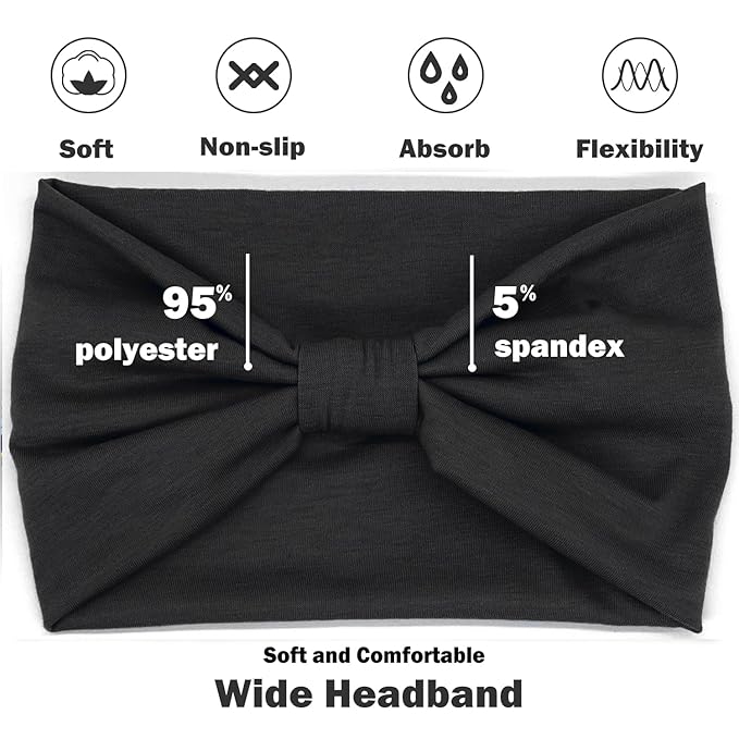 IVARYSS Wide Headbands for Women, Black Knotted Head Wraps Turbans, Large African Style Head Bands Hair Accessories, 6 Pack