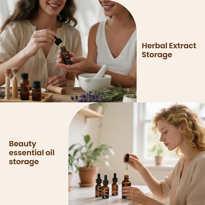 63 Pcs 1oz Amber Glass Dropper Bottles with Measurement, 30ml Leakproof Tincture Bottles with Funnels, Eye Droppers, Extra Caps & Labels, Refillable Empty Bottle for Tinctures, Essential Oils