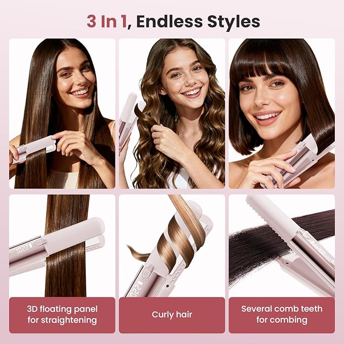 CHIKYO Cordless 2 in 1 Hair Straightener Portable On-The-Go Curling Iron, Portable Power Bank, 7 Temps, LED Display, Rechargeable Mini Flat Iron for Travel, 5000mAh Battery, Pink