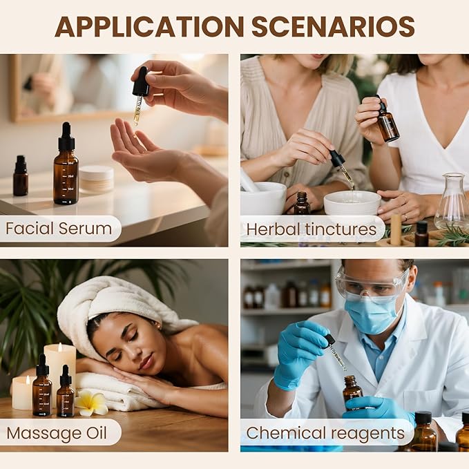 63 Pcs 1oz Amber Glass Dropper Bottles with Measurement, 30ml Leakproof Tincture Bottles with Funnels, Eye Droppers, Extra Caps & Labels, Refillable Empty Bottle for Tinctures, Essential Oils