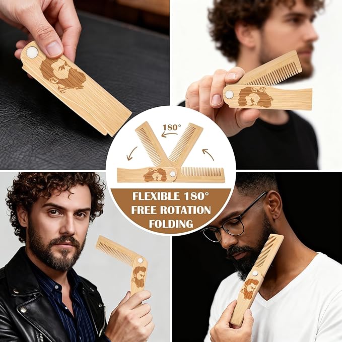 Folding Beard Comb for Men, Portable Bamboo Beard & Mustache Comb Hair Brush with Travel Pouch, Ideal Father’s Day, Birthday, Christmas Gift Stocking Stuffers for Him