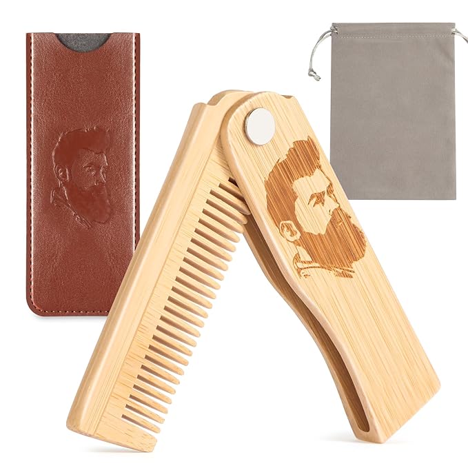 Folding Beard Comb for Men, Portable Bamboo Beard & Mustache Comb Hair Brush with Travel Pouch, Ideal Father’s Day, Birthday, Christmas Gift Stocking Stuffers for Him