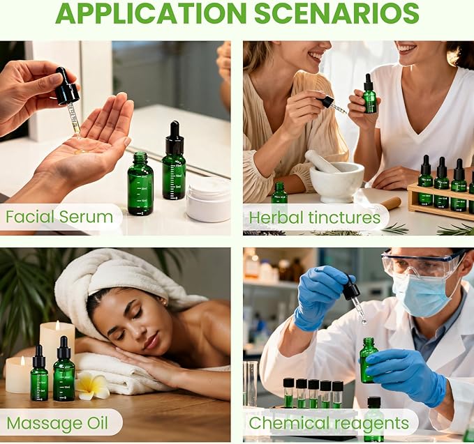 63 Pcs 1oz Green Glass Dropper Bottles with Measurement, 30ml Leakproof Tincture Bottles with Funnels, Eye Droppers, Extra Caps & Labels, Refillable Empty Bottles for Tinctures, Essential Oils