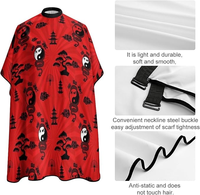 Salon Cape Yin Yang Dragon Red Hair Dress Apron Cloak, Adjustable Dyeing Salon Apron for Styling Hair Cut Hairdresser, Easy Clean