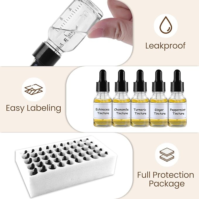 50 Pcs 1/2oz Clear Glass Dropper Bottles with Measurement, 15ml Leakproof Tincture Bottles with Funnels, Eye Droppers, Extra Caps & Labels, Refillable Empty Bottle for Tinctures, Essential Oils