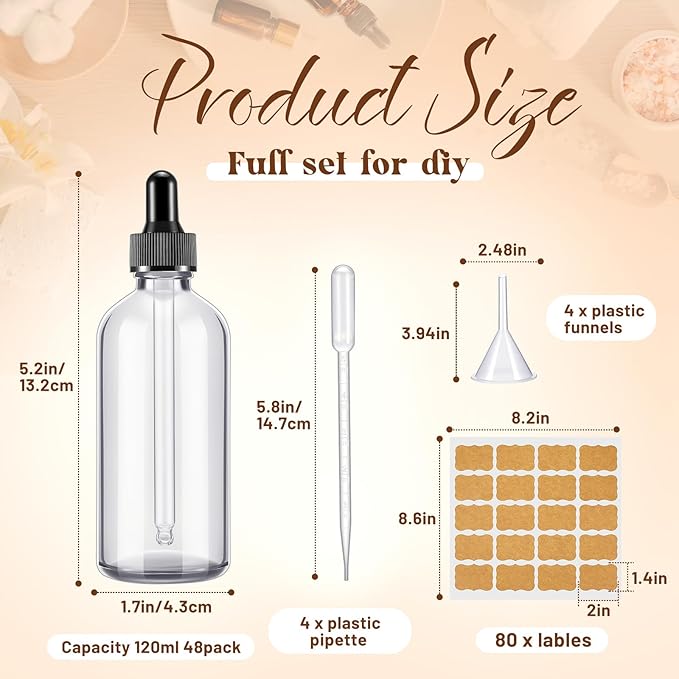 Lallisa 48 Pack Essential Oil Dropper Bottle Glass Dropper Bottles DIY for DIY essential Oil Perfume with Funnels Pipettes Labels for Bathrooms, Hotels, Labs (120 Ml,4 oz,Clear)