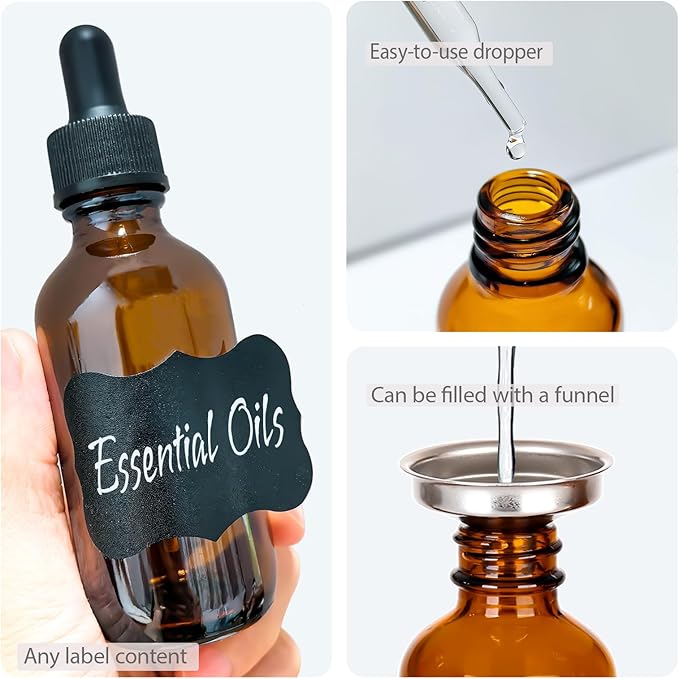 3.4 oz Amber Glass Dropper Bottles,4 Pack 100ml Empty Reusable Leak Proof Thick Tincture Bottles for Essential Oils,Hair Oil,Liquids,Laboratory,Pharmacist Bottle,Massage,Perfumery Aromatherapy