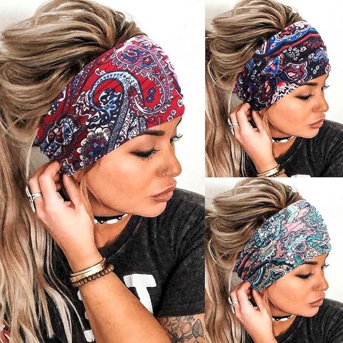 Boho Headbands Wide Knot Hair Band Elastic Turban Head Band Stretch Twist Head Wraps Fashion Hair Accessories for Women 3 Pcs (Set F)