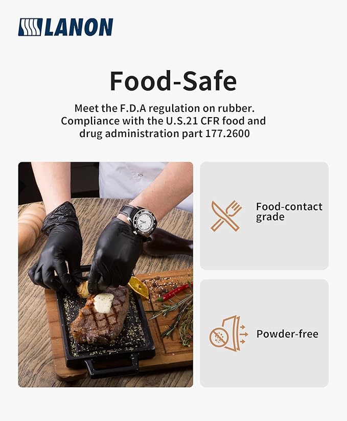 LANON 6-mil Black Nitrile Disposable Gloves, Food-Safe, Powder-Free, Heavy-Duty, Textured Fingertips, Latex-Free, Small