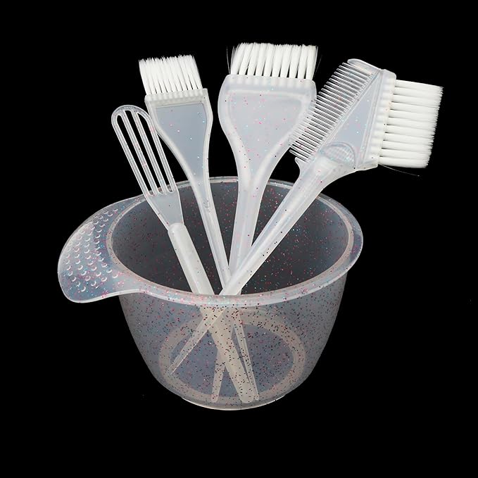 Hair Dye Brush and Bowl - Set of 5 Glitter and Soft Hair Coloring Kit with Mixing Bowl, Brushes, Tint Comb for DIY Hair Dyeing Bleaching Hightlinging at Home and Salon Use - Shiny Bright Sprinkle