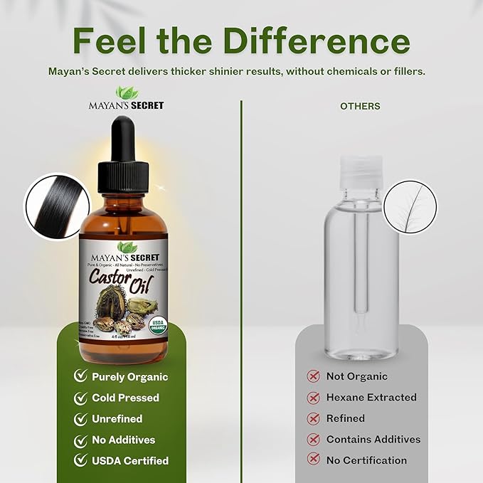 Mayan's Secret - Pure Cold-Pressed Castor Oil Organic Hexane-Free Unrefined 4 fl oz Glass Bottle – Natural Castor Oil for Hair Growth, Eyelashes, Eyebrows, Skin, Face & Body – USDA Certified