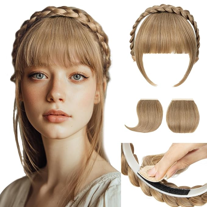 SARLA Braided Headband with 3 Detachable Clip in Bangs Fringe Hairpieces Fake Synthetic Hair Band Bangs for Women Bernstein Multi