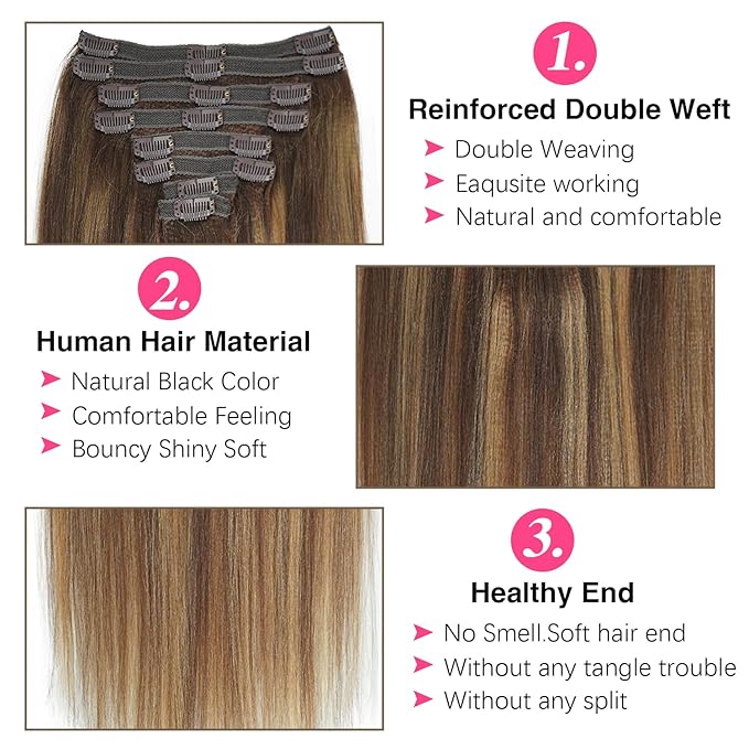 #4/27/4 Highlight Yaki Straight Clip in Hair Extensions Real Human Hair Omber Clip ins For Women Yaki Straight Clip on Hair(12inch,#4/27/4)