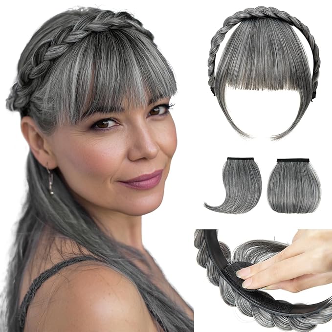 SARLA Braided Headband with 3 Detachable Clip in Bangs Fringe Hairpieces Fake Synthetic Hair Band Bangs for Women Dark Grey