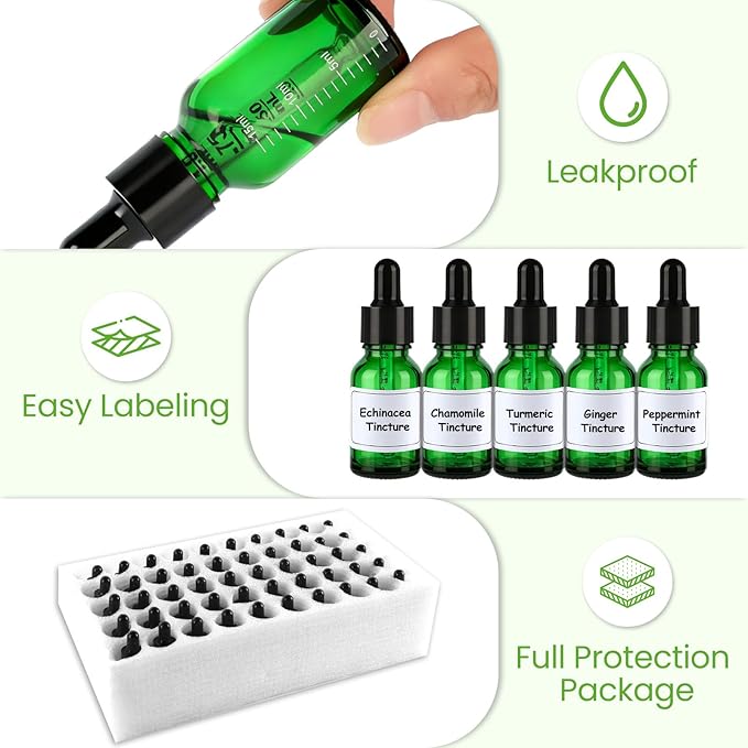 50 Pcs 1/2oz Green Glass Dropper Bottles with Measurement, 30ml Leakproof Tincture Bottles with Funnels, Eye Droppers, Extra Caps & Labels, Refillable Empty Bottles for Tinctures, Essential Oils