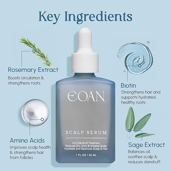 Eoans Leave-In Scalp Serum – Dry Scalp Relief, Anti-Dandruff & Itchy Scalp Treatment with Rosemary, Sage, Biotin & Amino Acids – Vegan, Hydrating Clean Formula, 1 fl oz (30 mL)