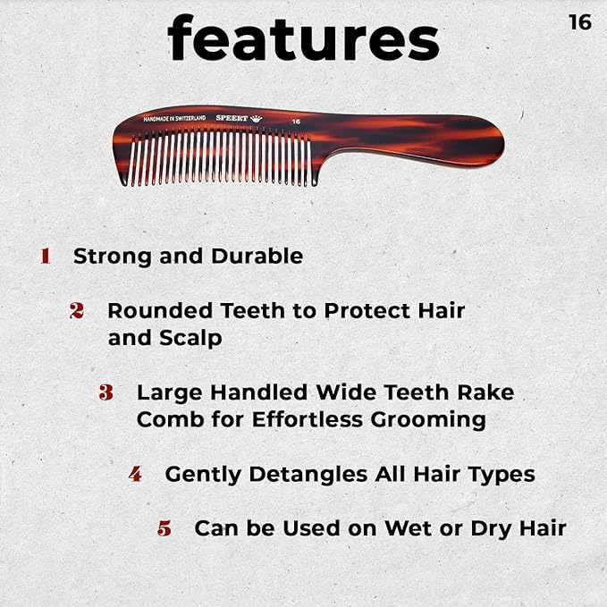 #16 Handmade Wide Tooth Rake Comb Tortoise Havana Acetate Large Handle Thick Coarse Curly Hair Detangling Parting Grooming Teasing Hair Styling Hairdresser Barber Hairdressing Wet Dry Pocket