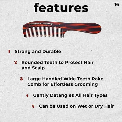 #16 Handmade Wide Tooth Rake Comb Tortoise Havana Acetate Large Handle Thick Coarse Curly Hair Detangling Parting Grooming Teasing Hair Styling Hairdresser Barber Hairdressing Wet Dry Pocket