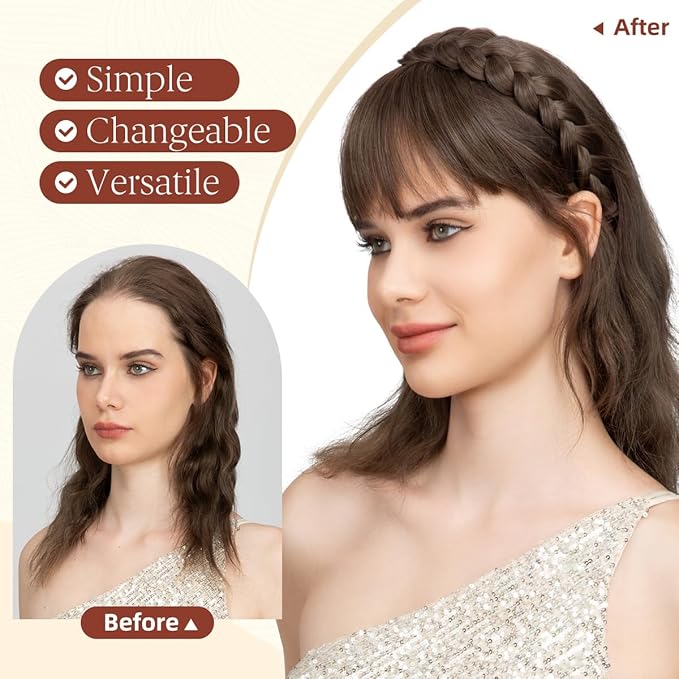 SARLA Braided Headband with 3 Detachable Clip in Bangs Fringe Hairpieces Fake Synthetic Hair Band Bangs for Women Tizian Red