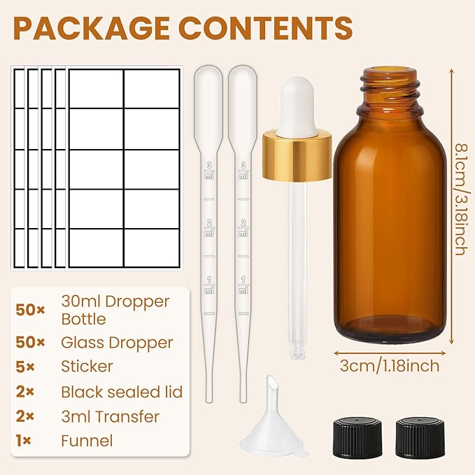 50Pack 1oz Amber Glass Dropper Bottles with Gold Lids, Funnels, Droppers, Extra Caps & Labels – Leakproof, UV Resistant 30ml Empty Bottle for Tinctures, Essential Oils, Beard, Hair Oils