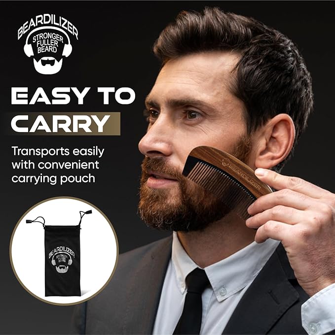 Beardilizer Premium Beard Comb for Men - 100% Natural Black Ox Buffalo Horn & Sandalwood Handle with Carrying Pouch, Professional Anti-Static Fine and Coarse Teeth