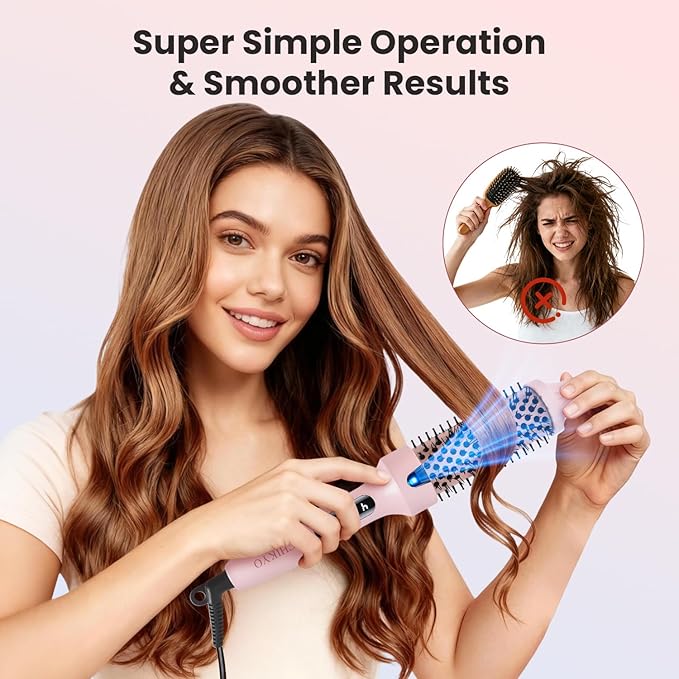 CHIKYO 38mm Thermal Brush, 1.5 Inch Heated Round Brush, Negative Ion Curly Hair Brush, Curling Iron with Dual Voltage & Dual PTC & 6 Heat Settings, Pink