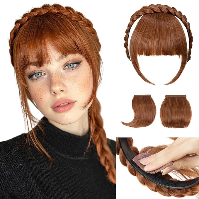 SARLA Braided Headband with 3 Detachable Clip in Bangs Fringe Hairpieces Fake Synthetic Hair Band Bangs for Women Tizian Red